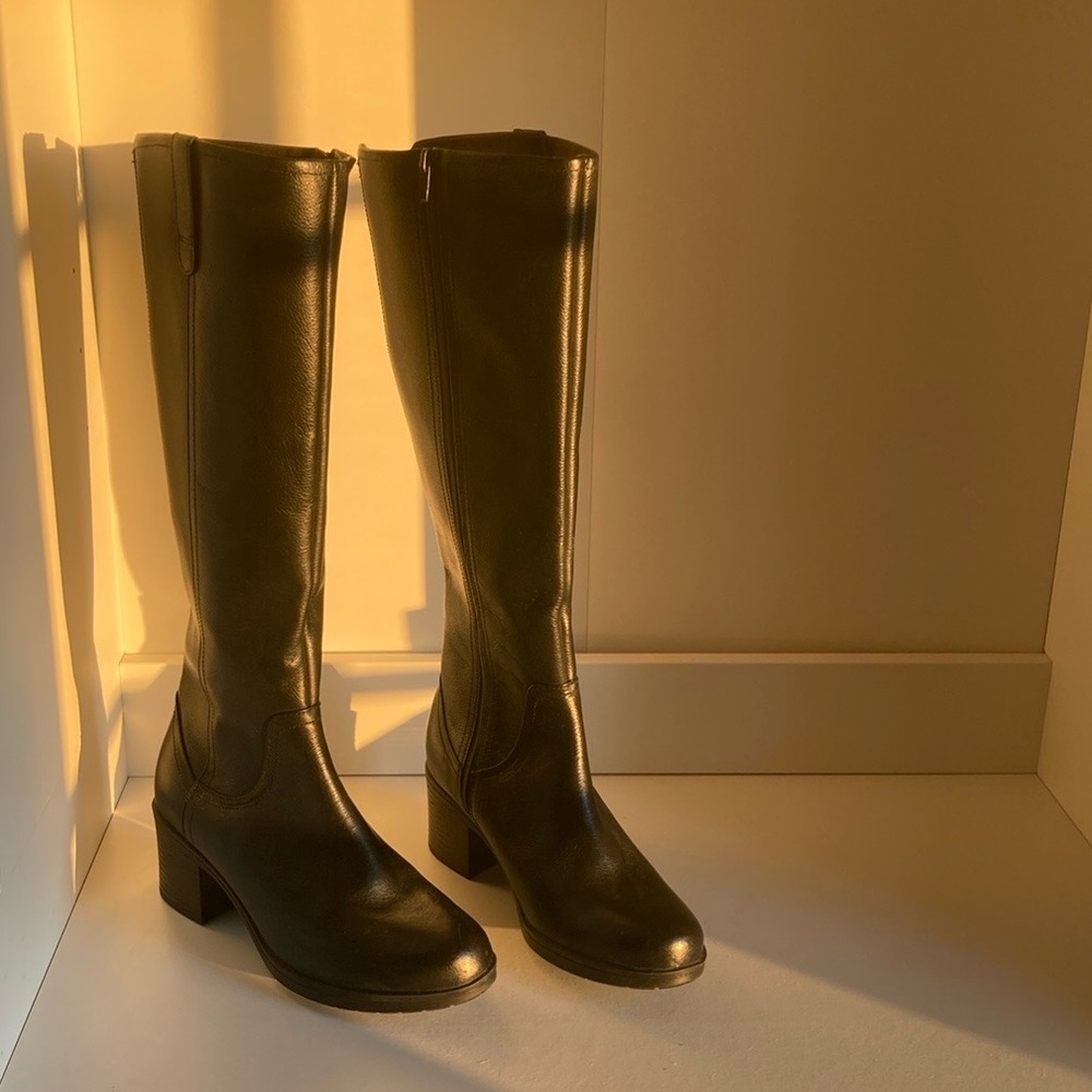 Clarks tall black “Hollis Moon” block heel boots